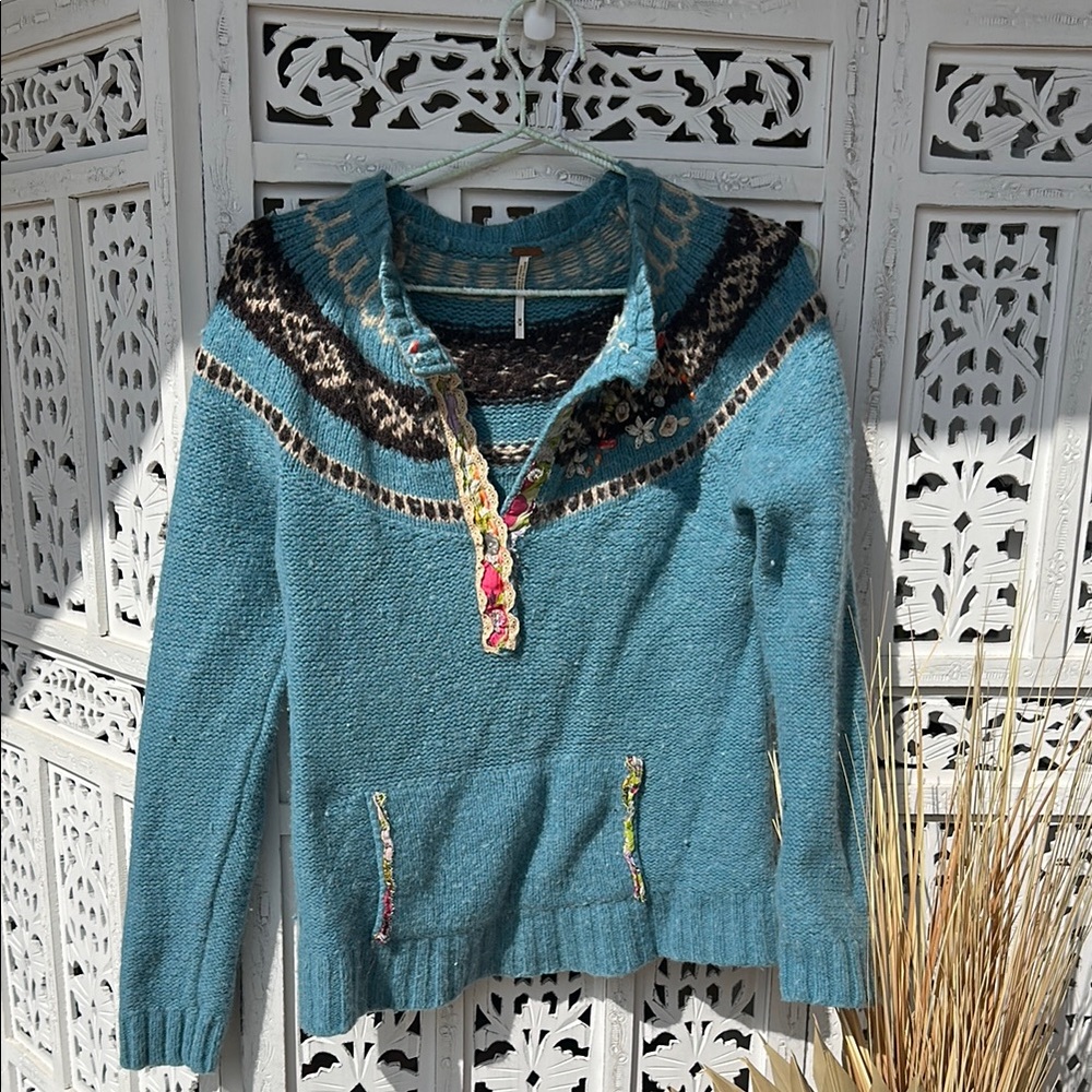 Vintage free people Blue Patterned Sweater